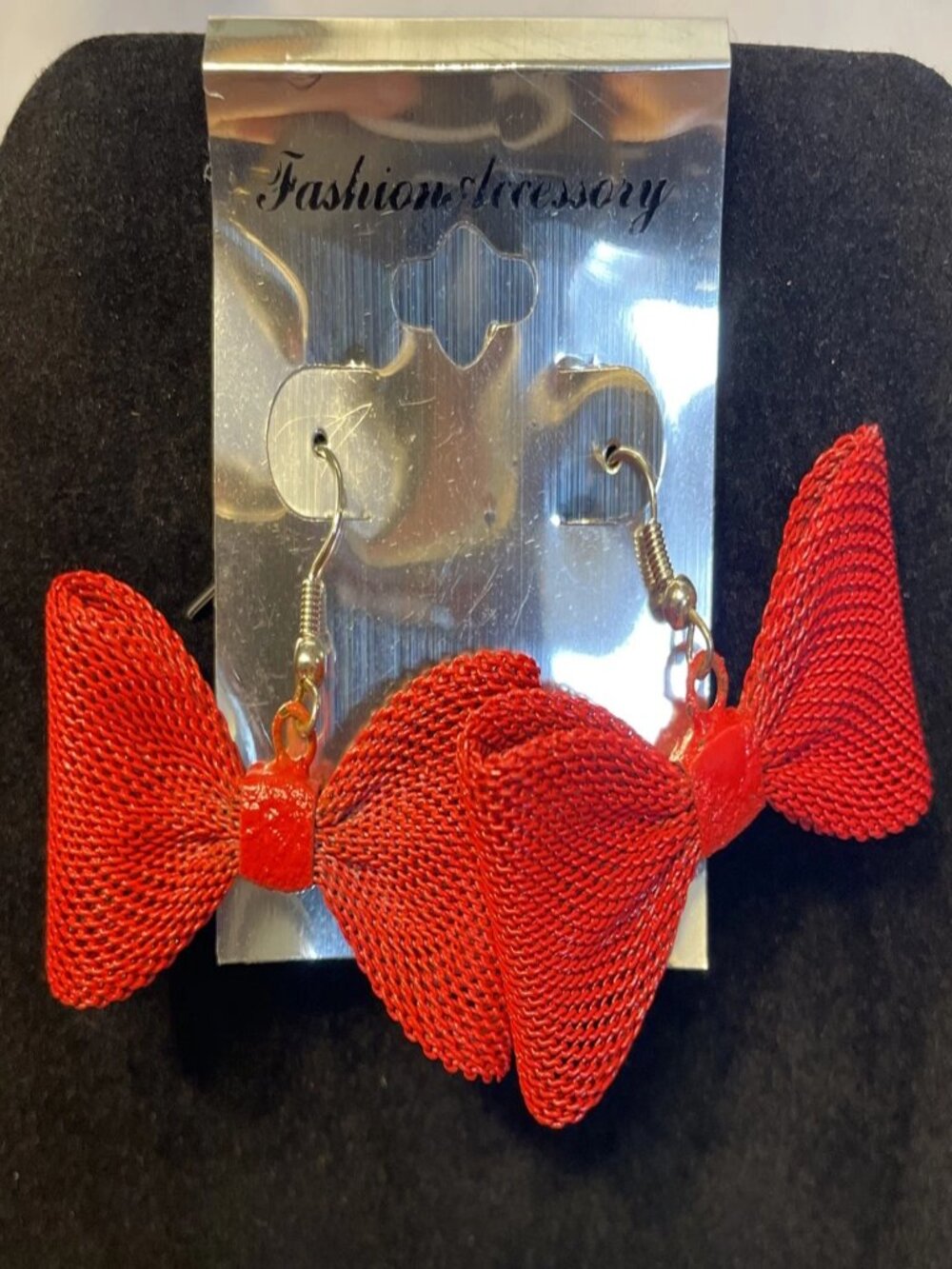 Red Mesh Bow Dangle Earrings Waffle Knit Fashion Jewelry Cute - Picture 7 of 7